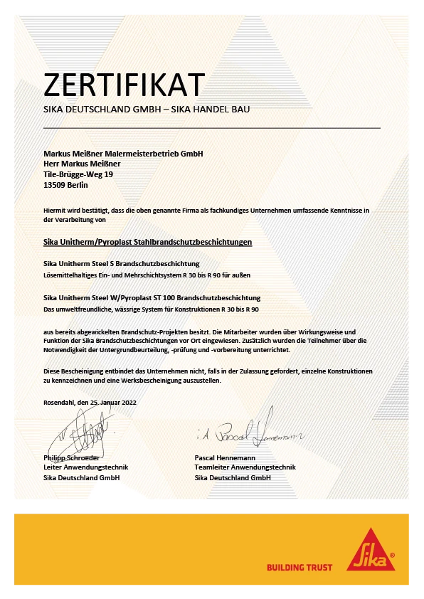 Zertifikat Brandschutz Stahl