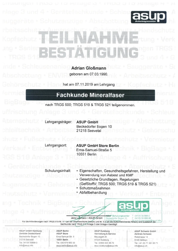 Zertifikat Fachkunde Mineralfaser