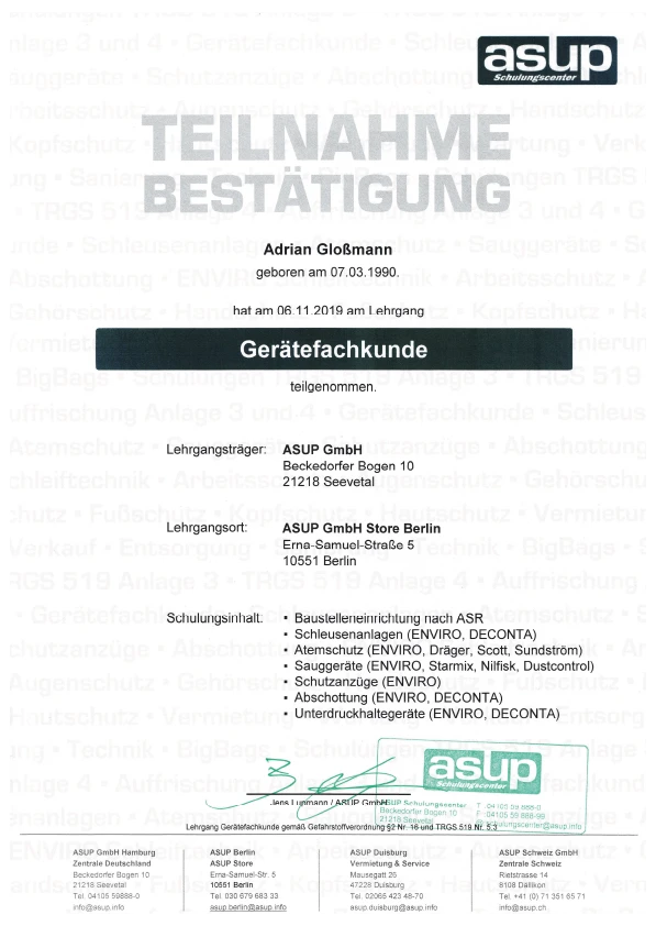 Zertifikat Gerätefachkunde