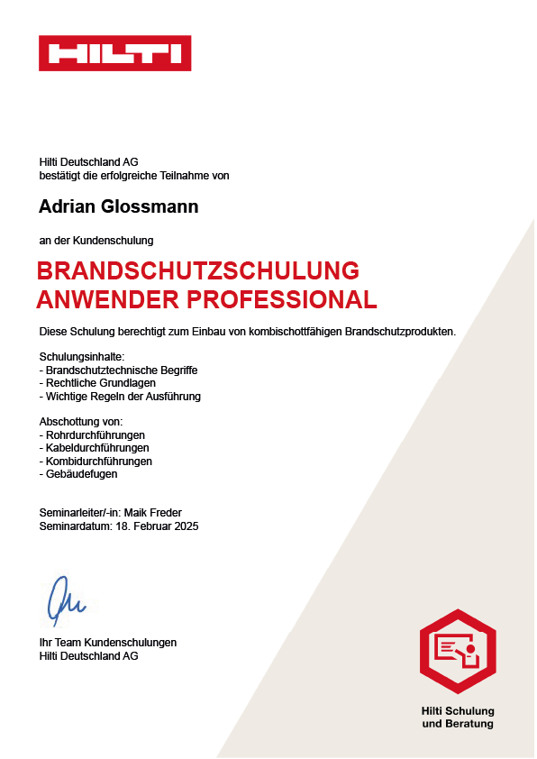 Zertifikat Hilti Brandschutz