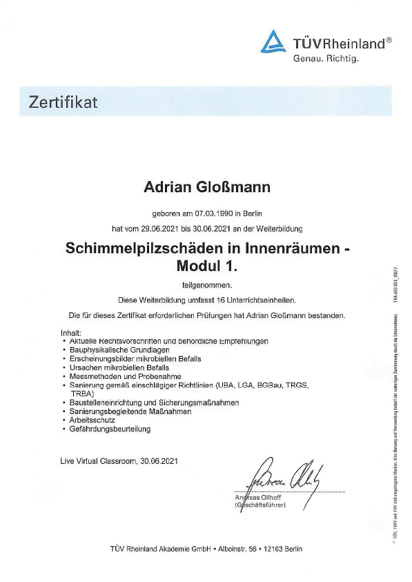 Zertifikat Schimmelpilzbeseitigung